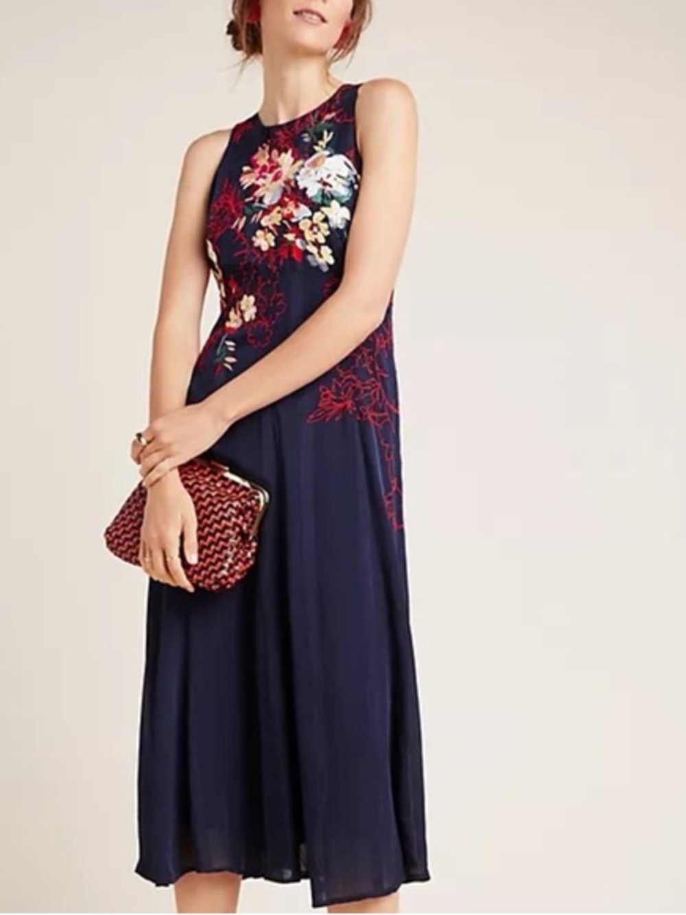 NWT Anthropologie Tanzine Embroidered Midi navy floral Dress wedding guest